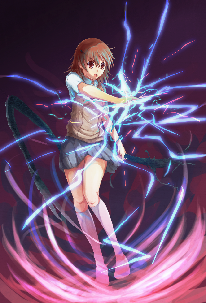 muruaka, misaka mikoto, toaru kagaku no railgun, toaru majutsu no index, bad id, bad pixiv id, highres, 00s, brown eyes, brown hair, electricity, electrokinesis, hair ornament, hairclip, school uniform, skirt, solo, sweater vest