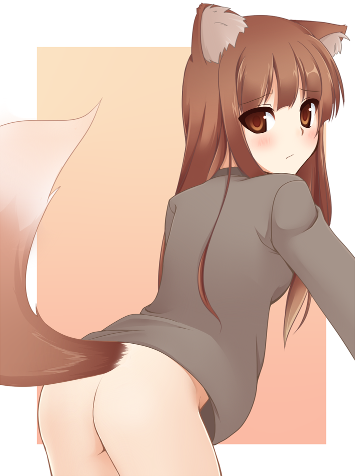 momiji7728, holo, spice and wolf, bad id, bad pixiv id, 00s, 1girl, animal ears, ass, blush, bottomless, brown eyes, brown hair, female focus, from behind, long hair, looking back, solo, tail, wolf ears, wolf tail