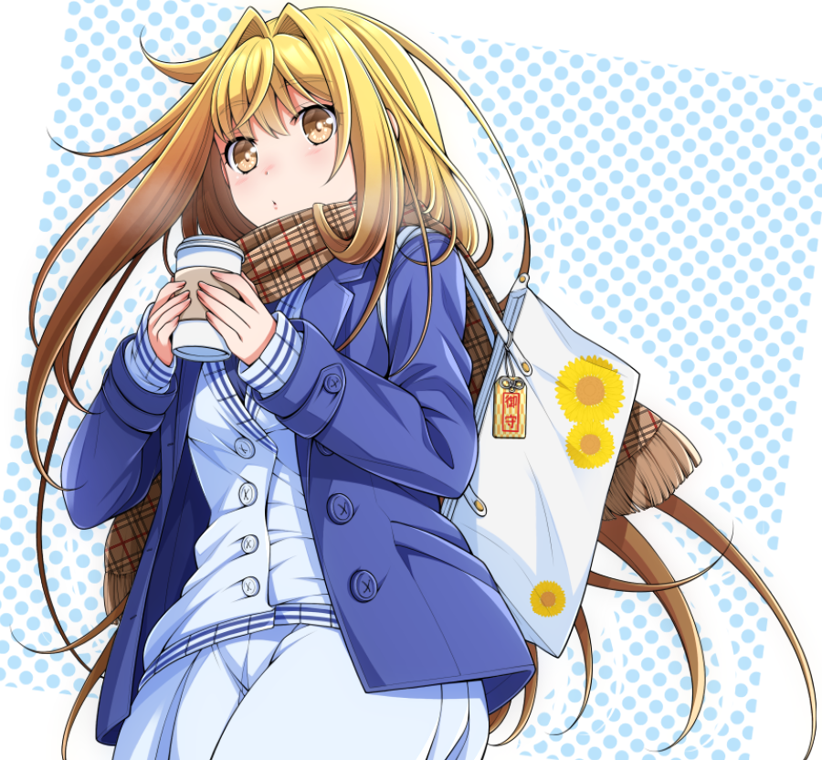 eichi yuu, original, commentary request, 1girl, bag, blonde hair, blue jacket, blush, breath, brown scarf, cardigan, cup, disposable coffee cup, disposable cup, holding, holding cup, jacket, long hair, long sleeves, open clothes, open jacket, plaid clothes, plaid scarf, scarf, school uniform, shoulder bag, skirt, solo, very long hair, white cardigan, white skirt, yellow eyes