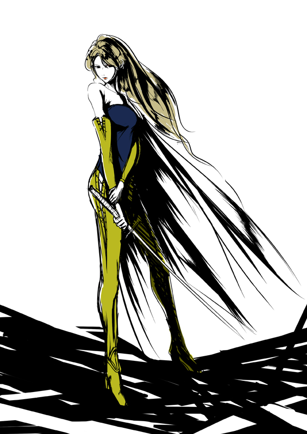 nanaki (artist), celes chere, final fantasy, final fantasy vi, 1990s (style), 1girl, blonde hair, cape, detached sleeves, female focus, long hair, pants, retro artstyle, solo, sword, weapon