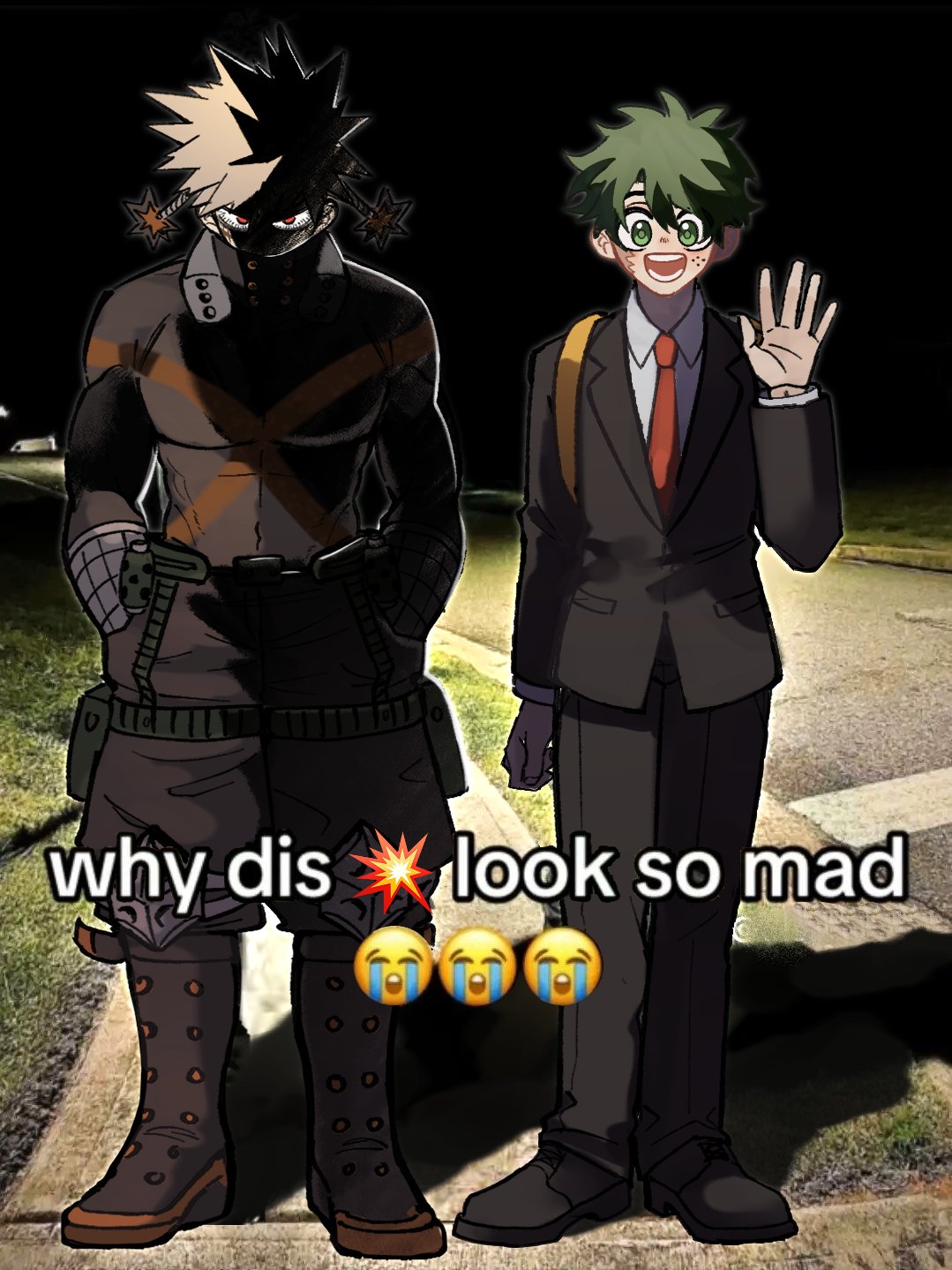 karasu (milkcube), bakugou katsuki, midoriya izuku, boku no hero academia, derivative work, highres, 2boys, bag, black jacket, black pants, black suit, blonde hair, collared shirt, formal clothes, freckles, green eyes, green hair, hair between eyes, jacket, looking at viewer, male focus, meme, multiple boys, necktie, open mouth, pants, photo background, red eyes, red necktie, shaded face, shirt, short hair, shoulder bag, smile, standing, suit, suit jacket, superhero costume, waving, white shirt, why dis ninja look so mad (meme)