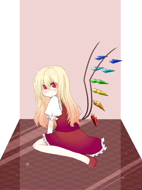 kishiro azuhito, flandre scarlet, touhou, bad id, bad pixiv id, 1girl, alternate hairstyle, blonde hair, female focus, kneeling, long hair, no headwear, red eyes, solo, wings