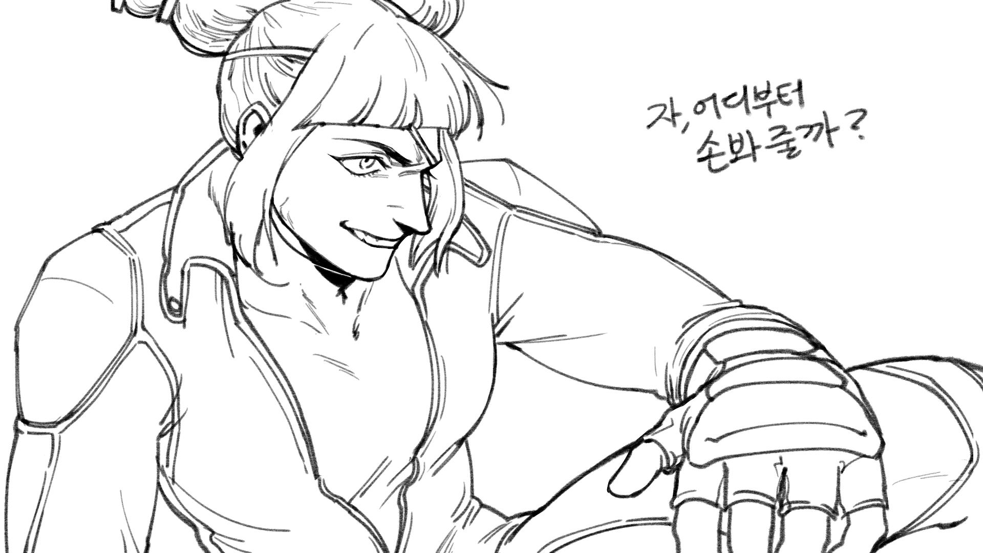 efd, han juri, street fighter, street fighter v, archived source, highres, korean commentary, translation request, 1girl, arm up, biker clothes, bikesuit, blunt bangs, bodysuit, breasts, drill hair, evil smile, eyepatch, fingerless gloves, furrowed brow, gloves, hand on own leg, korean text, leg up, padded gloves, sidelocks, smile, toned, toned female, twin drills, unzipped, veiny face