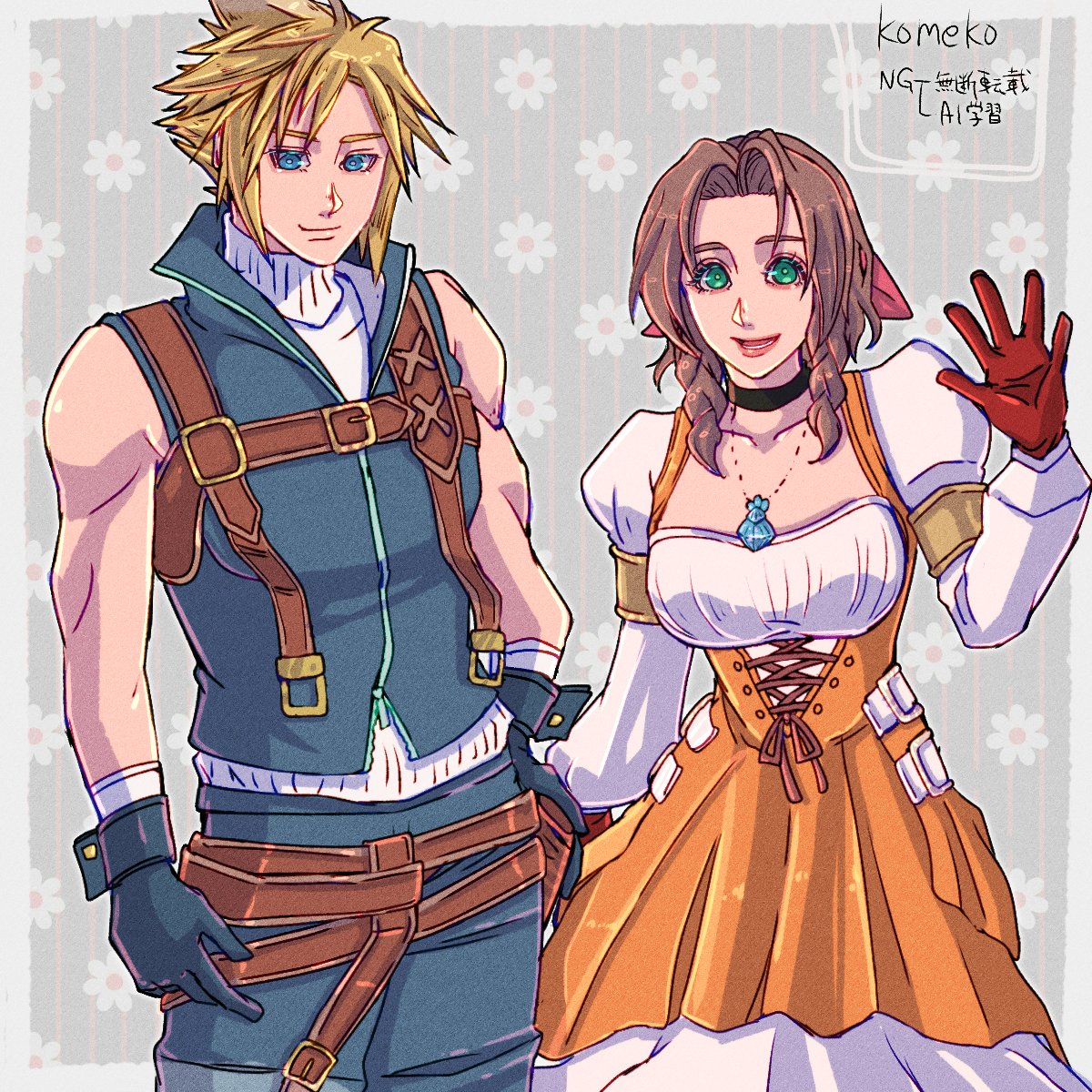 komeko (strikek-lvvjm27), aerith gainsborough, aerith gainsborough (garnet's gown), cloud strife, cloud strife (zidane's outfit), garnet til alexandros xvii, zidane tribal, final fantasy, final fantasy vii, final fantasy vii: ever crisis, highres, 1boy, 1girl, artist name, bare shoulders, black choker, black gloves, black wrist cuffs, blonde hair, blue eyes, blue pants, blue vest, breasts, choker, closed mouth, cosplay, crystal, dress, floral background, garnet til alexandros xvii (cosplay), gloves, green eyes, hair ribbon, hand on own hip, jewelry, juliet sleeves, light smile, long sleeves, medium breasts, medium hair, official alternate costume, open mouth, orange dress, pants, parted bangs, pendant, petticoat, pink ribbon, puffy sleeves, red gloves, ribbed sweater, ribbon, shirt, short hair, sidelocks, sleeveless, sleeveless turtleneck, spiked hair, standing, suspenders, sweater, turtleneck, vest, white shirt, white sweater, wrist cuffs, zidane tribal (cosplay)