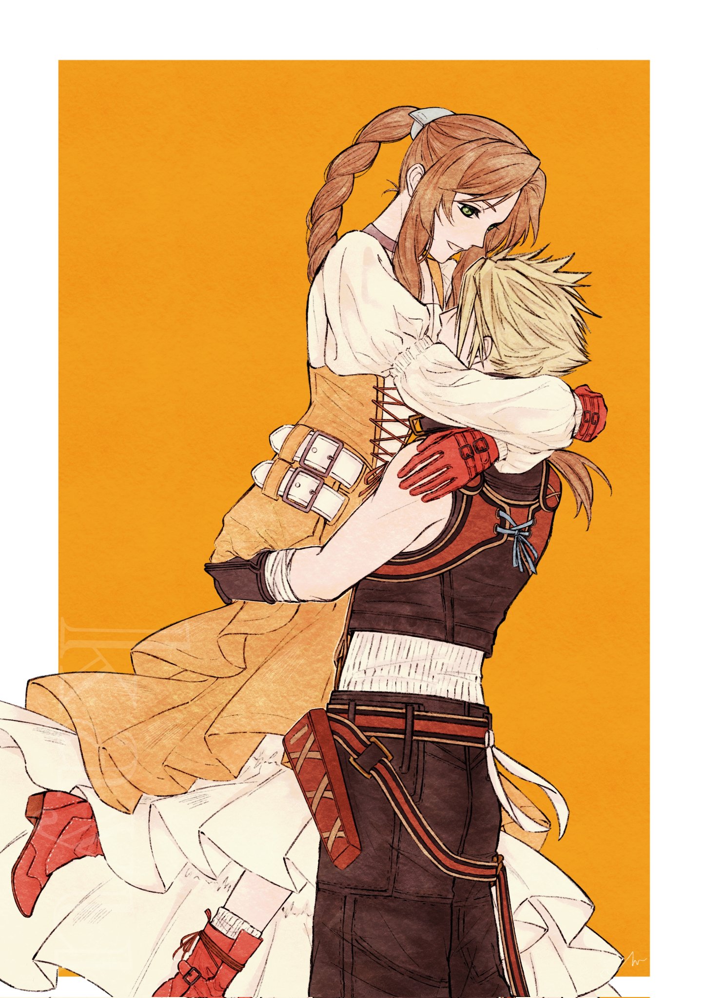 kayu0315, aerith gainsborough, aerith gainsborough (garnet's gown), cloud strife, cloud strife (zidane's outfit), garnet til alexandros xvii, zidane tribal, final fantasy, final fantasy vii, final fantasy vii: ever crisis, highres, 1boy, 1girl, arms around neck, bare shoulders, black gloves, black pants, black vest, blonde hair, boots, braid, braided ponytail, brown hair, choker, cosplay, couple, cropped vest, dress, garnet til alexandros xvii (cosplay), gloves, green eyes, grey choker, hair ornament, hairclip, hetero, juliet sleeves, long dress, long hair, long sleeves, official alternate costume, orange background, orange dress, pants, parted bangs, petticoat, puffy sleeves, red boots, red gloves, ribbed sweater, shirt, short hair, sidelocks, single braid, sleeveless, sleeveless sweater, spiked hair, sweater, vest, white background, white shirt, white sweater, zidane tribal (cosplay)