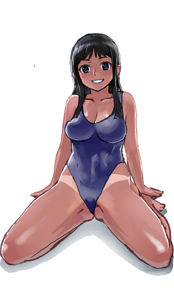 sasaki toshiyuki, original, bad id, bad pixiv id, 1girl, barefoot, bikini tan, black hair, blue eyes, breasts, covered erect nipples, female focus, grin, kneeling, large breasts, long hair, looking at viewer, one-piece swimsuit, simple background, sitting, smile, solo, spread legs, swimsuit, tan, tanline, wariza, white background