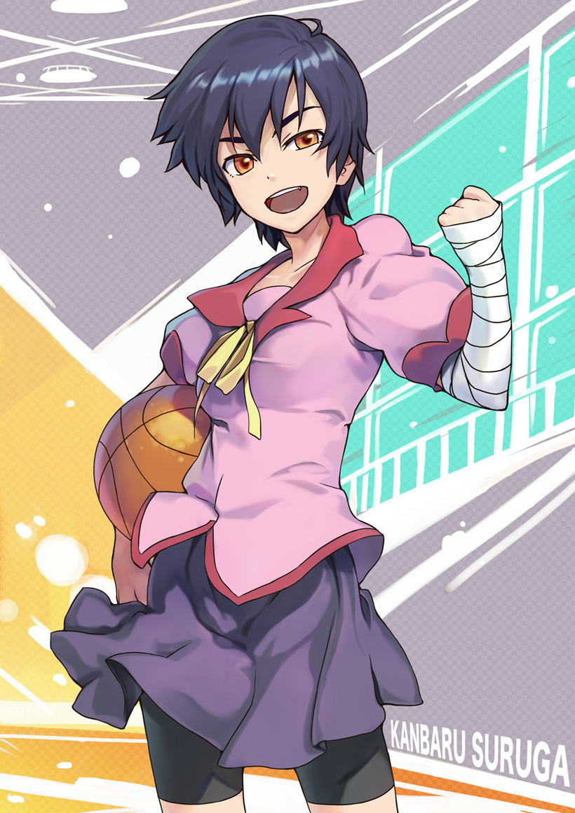 ryuutetsu, kanbaru suruga, bakemonogatari, monogatari (series), 00s, 1girl, ball, bandages, basketball, basketball (object), bike shorts, black hair, brown eyes, fang, female focus, school uniform, serafuku, short hair, solo, tomboy