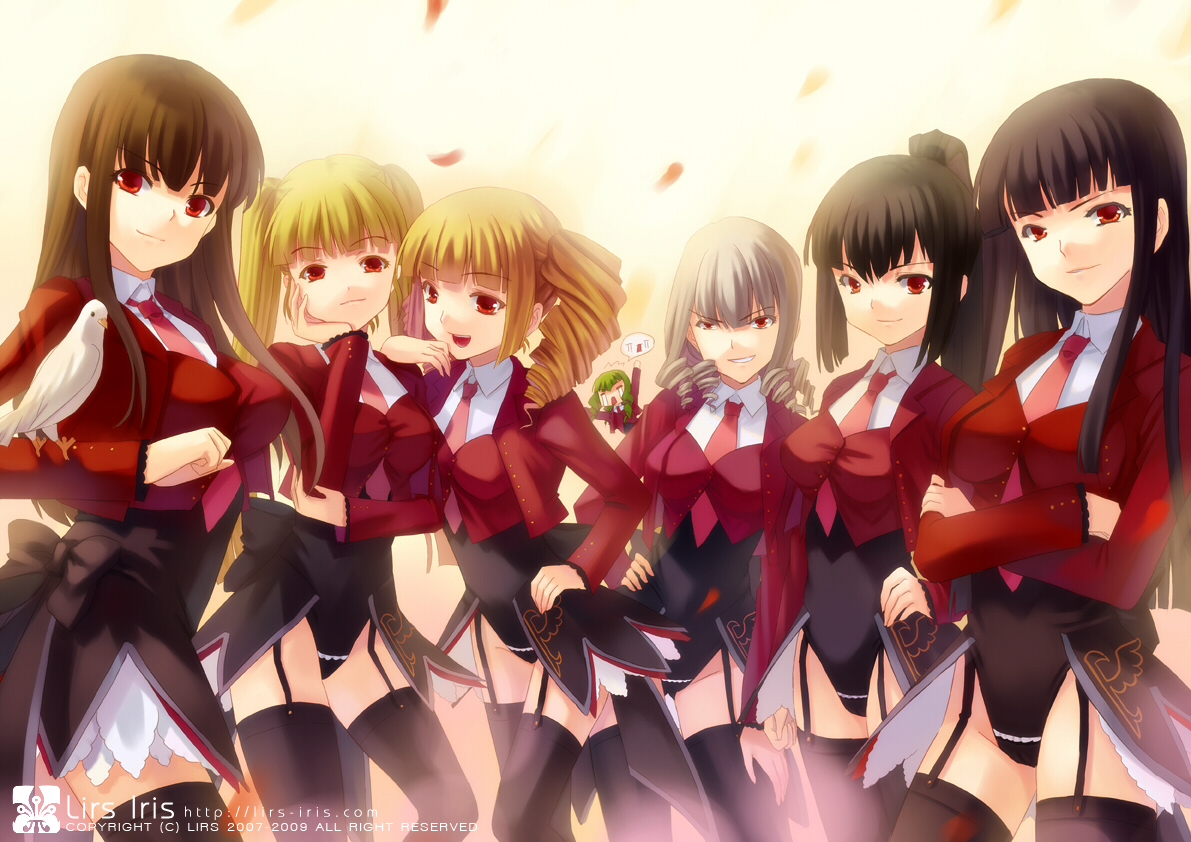 xiangtu, asmodeus (umineko), beelzebub (umineko), belphegor (umineko), leviathan (umineko), lucifer (umineko), mammon (umineko), satan (umineko), stakes of purgatory, umineko no naku koro ni, bad id, bad pixiv id, 00s, 6+girls, black hair, black leotard, blonde hair, brown hair, crossed arms, drill hair, green hair, leotard, multiple girls, necktie, pink necktie, ponytail, red eyes, thighhighs