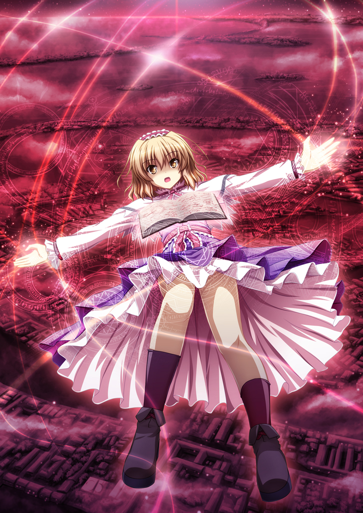 akashio (loli ace), alice margatroid, touhou, 1girl, arms at sides, blonde hair, book, female focus, full body, hairband, magic circle, red theme, short hair, solo, yellow eyes