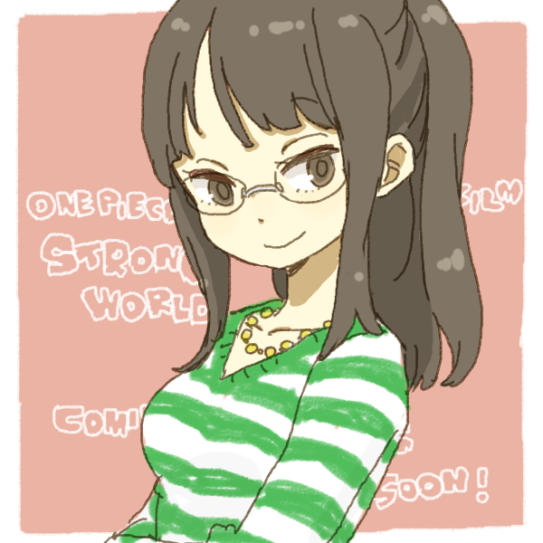 yukke, nico robin, one piece, one piece: strong world, 1girl, alternate hairstyle, black hair, blunt bangs, border, brown eyes, copyright name, english text, female focus, glasses, hair up, jewelry, looking at viewer, necklace, pink background, ponytail, smile, solo, striped clothes, striped sweater, sweater, upper body, white border