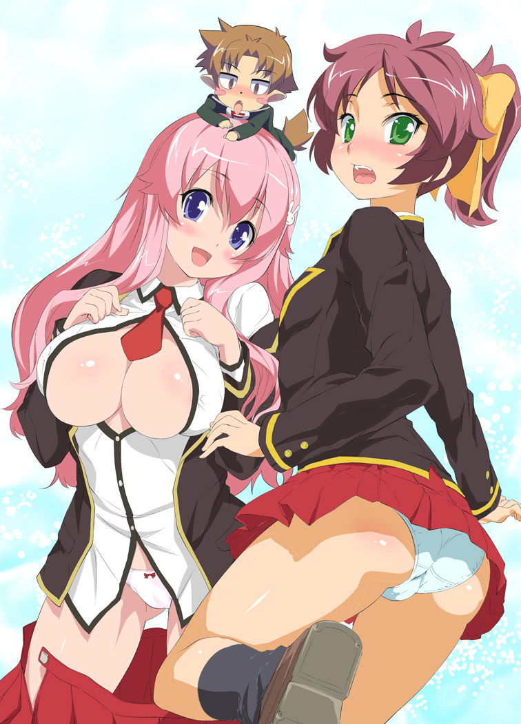 hikapan, saeki shun, tosh (imonade ryouchou), himeji mizuki, shimada minami, yoshii akihisa, baka to test to shoukanjuu, bad id, bad pixiv id, 1boy, 2girls, ass, black socks, blouse, blue eyes, blush, blush stickers, bow, bow panties, breasts, chibi, cleavage, clothes pull, flat chest, fumizuki academy school uniform, green eyes, hair between eyes, hair ornament, hair ribbon, large breasts, long hair, miniskirt, multiple girls, necktie, nipples, no bra, open clothes, open mouth, open shirt, panties, pink hair, ponytail, purple eyes, purple hair, ribbon, school uniform, shirt, short ponytail, skirt, skirt pull, socks, surprised, tail, thighs, underwear, upskirt
