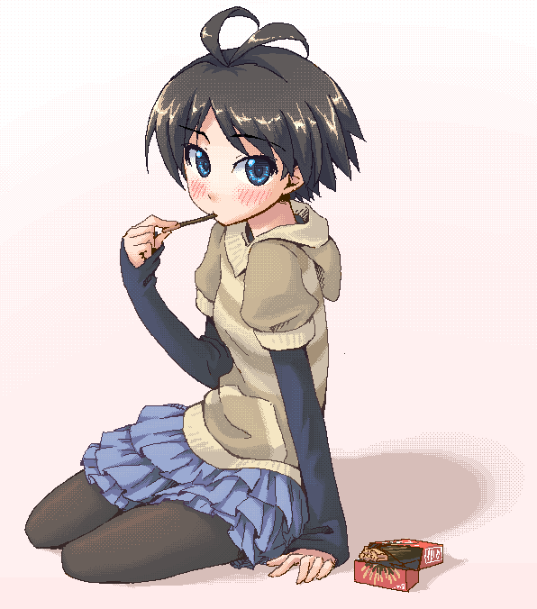 hakkaku shikimi, kikuchi makoto, idolmaster, idolmaster (classic), 00s, 1girl, ahoge, antenna hair, arm support, black hair, black pantyhose, blue eyes, blush, dithering, female focus, food, hood, hoodie, layered skirt, layered sleeves, leggings, long sleeves, looking at viewer, oekaki, pantyhose, pocky, short over long sleeves, short sleeves, sitting, skirt, sleeves past wrists, solo, yokozuwari