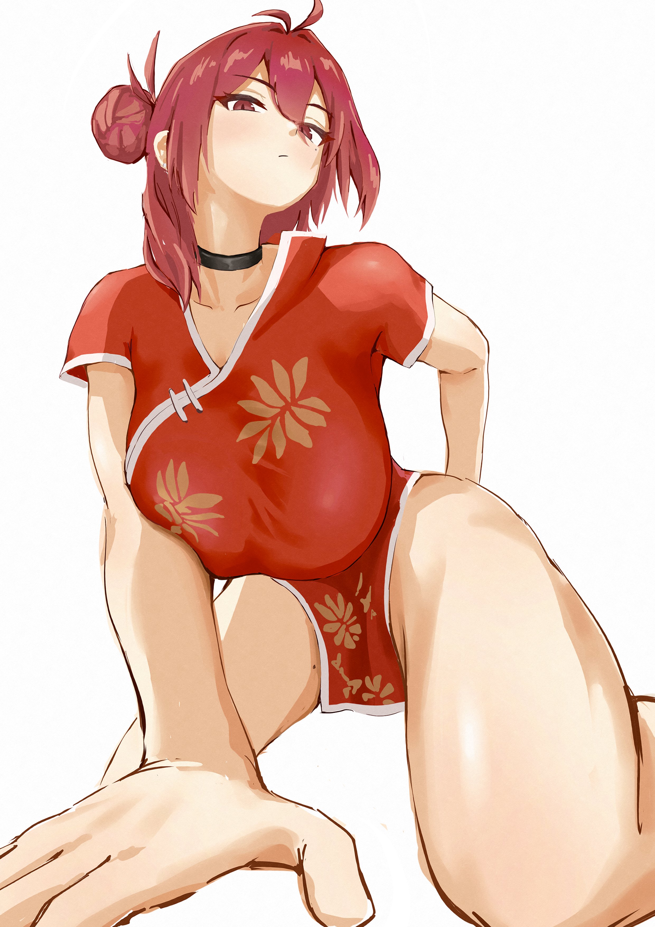 hanpen 845, reijo (blue archive), blue archive, 1girl, arm behind back, arm support, black choker, breasts, china dress, chinese clothes, choker, dress, from below, hair bun, kneeling, large breasts, leaning forward, medium hair, mole, mole on thigh, no panties, pelvic curtain, red dress, red eyes, red hair, side bun, single hair bun, solo, thighs, white background