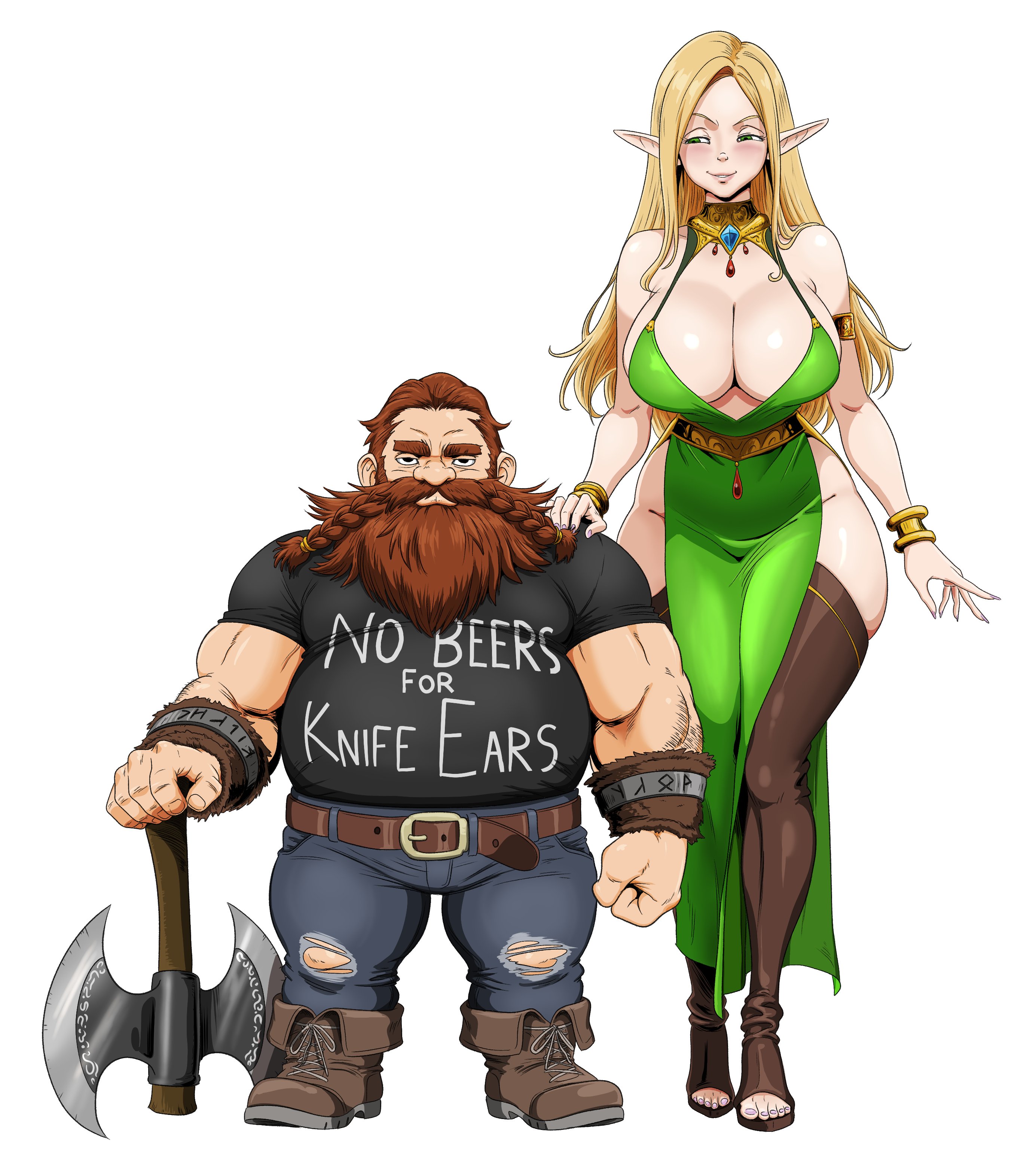 original, gold collar, absurdres, highres, 1boy, 1girl, axe, beard, belt, black eyes, black shirt, blonde hair, bracelet, breasts, brown belt, clothes writing, codybaier, dress, dwarf, elf, facial hair, gold bracelet, green dress, green eyes, hand on another's shoulder, height difference, holding, holding axe, jewelry, large breasts, muscular, muscular male, open-toe shoes, pants, pointy ears, shirt, torn clothes, torn pants