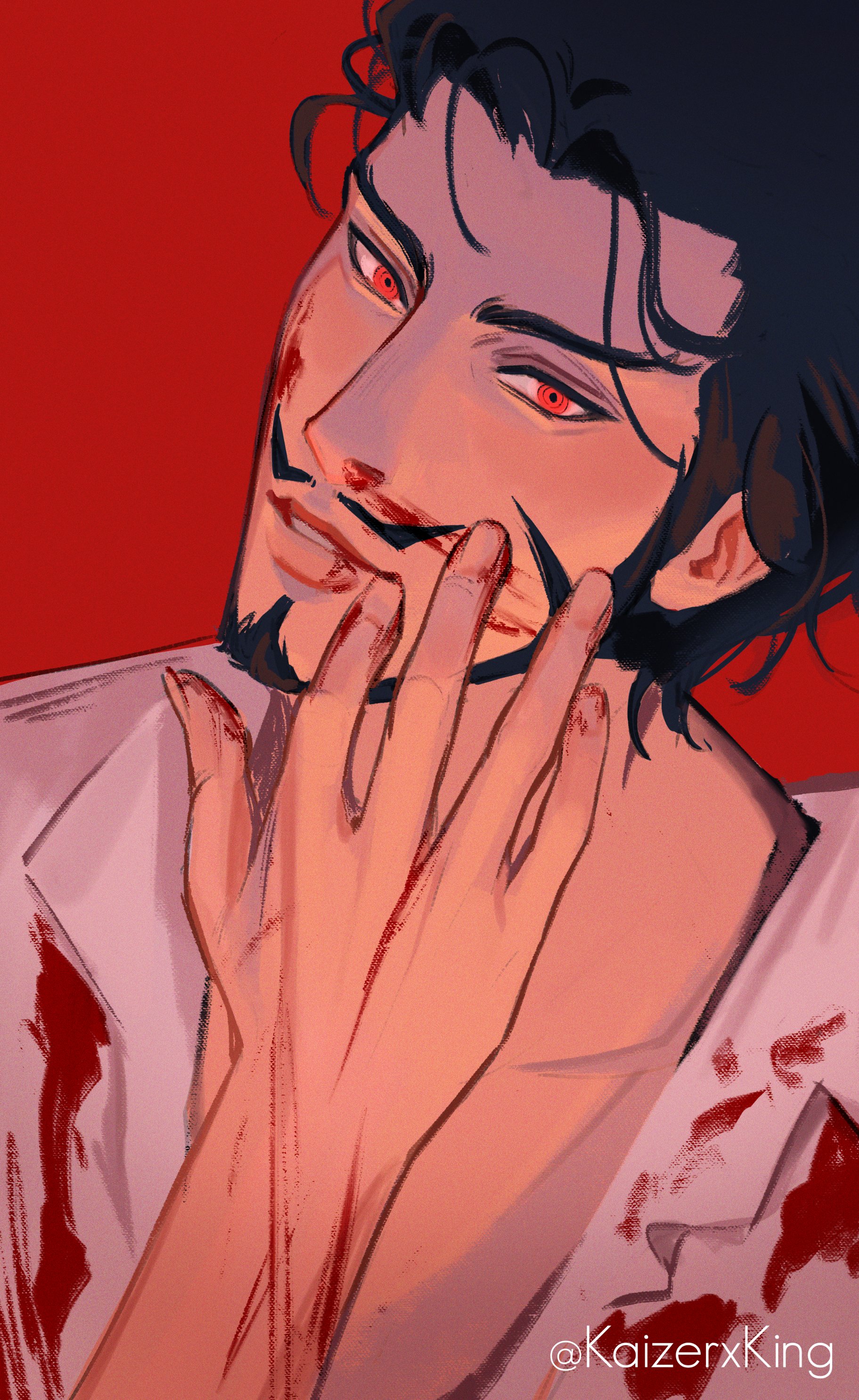 kaizer (kaizerxking), dracule mihawk, one piece, absurdres, commentary, english commentary, highres, 1boy, beard, black hair, blood, blood on face, chinstrap beard, facial hair, looking at viewer, male focus, messy hair, mustache, parted lips, red background, red eyes, shirt, simple background, solo, upper body, white shirt