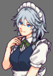 backer013, izayoi sakuya, touhou, commentary, english commentary, lowres, 1girl, apron, blue dress, blue eyes, bow, braid, dress, finger to own chin, green bow, grey background, grey hair, knife, long hair, maid, maid headdress, pinafore dress, pixel art, puffy short sleeves, puffy sleeves, short sleeves, simple background, sleeveless, sleeveless dress, smile, solo, twin braids, upper body, waist apron