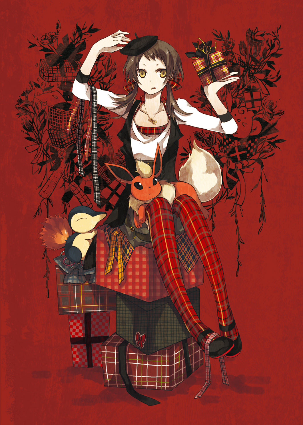 buzz (moi), clefairy, cyndaquil, flareon, gastly, lyra (pokemon), nintendo, original, pokemon, pokemon hgss, costume, plaid legwear, highres, 00s, 1girl, :p, brown hair, full body, gen 1 pokemon, gen 2 pokemon, gift, hat, jewelry, mary janes, necklace, plaid clothes, pokemon (creature), red thighhighs, ribbon, shoes, short twintails, skirt, thighhighs, tongue, tongue out, twintails, yellow eyes