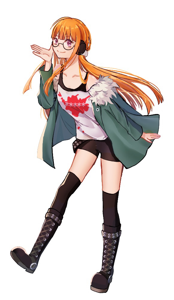 sakura futaba, persona, persona 5, 1girl, amiamiillust, black shorts, black thighhighs, boots, closed mouth, collarbone, full body, fur-trimmed jacket, fur trim, glasses, green jacket, hand up, jacket, lace-up boots, looking at viewer, orange hair, purple eyes, shirt, short shorts, shorts, simple background, smile, solo, standing, thighhighs, white background, white shirt