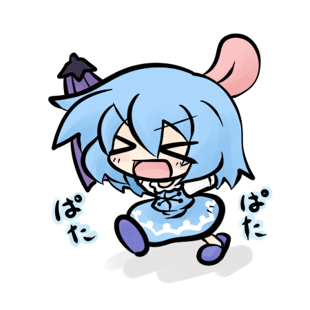 yanagi (nurikoboshi), tatara kogasa, touhou, lowres, > <, 1girl, :d, blue hair, blue slippers, chibi, closed eyes, female focus, karakasa obake, open mouth, slippers, smile, solo, tongue, umbrella, xd