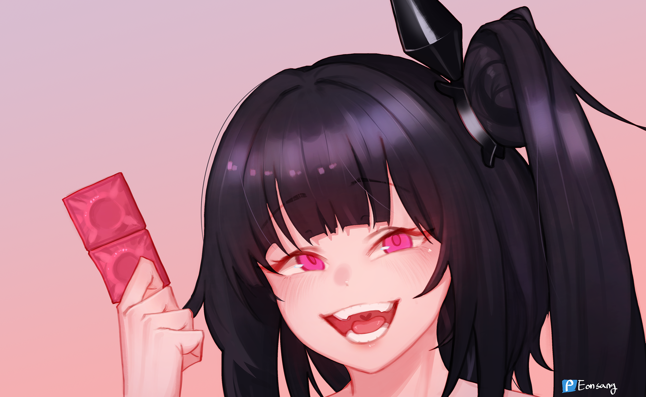 eonsang, architect (girls' frontline), girls' frontline, commentary, highres, translation request, variant set, 1girl, black hair, condom, condom packet strip, condom wrapper, holding, holding condom, korean text, long hair, looking at viewer, one side up, open mouth, pink eyes, portrait, sangvis ferri, solo, speech bubble, teeth, tongue