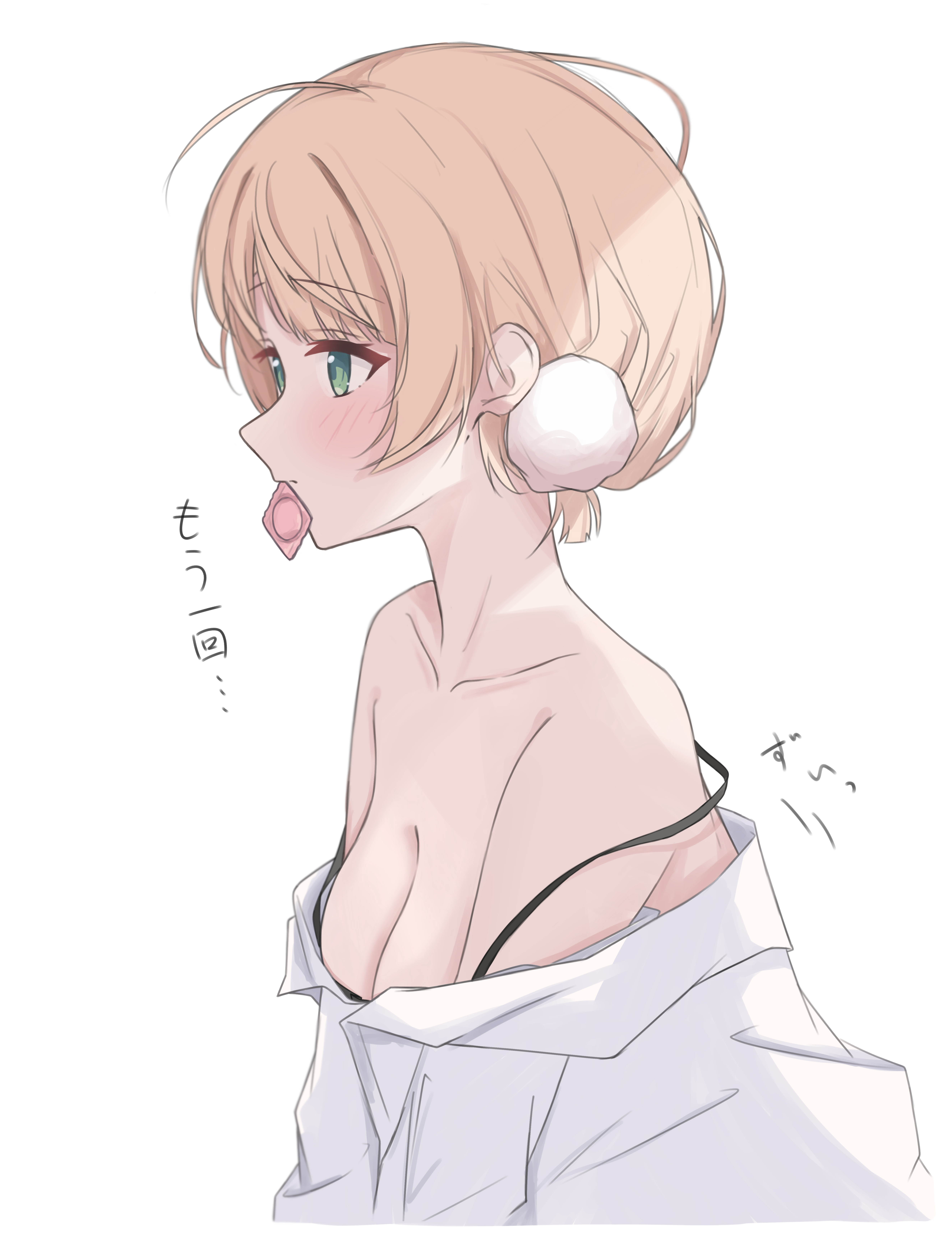 shigure ui (vtuber), yuuwaku, absurdres, commentary, highres, partially translated, translation request, 1girl, ahoge, bare shoulders, black bra, blonde hair, blush, bra, breasts, cleavage, collarbone, come hither, condom, condom in mouth, condom wrapper, from side, gokoupasuta, green eyes, hair ornament, implied after sex, medium breasts, mouth hold, off shoulder, pom pom (clothes), pom pom hair ornament, shirt, short hair, simple background, solo, strap slip, underwear, upper body, virtual youtuber, white background, white shirt