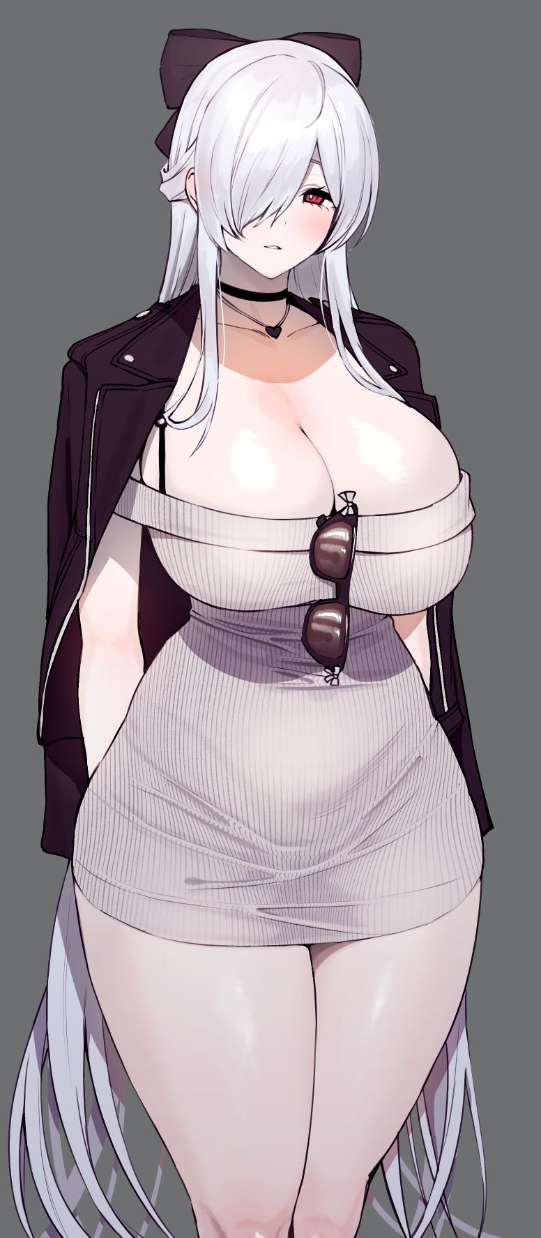 amano don, cinderella (beautiful me) (nikke), cinderella (nikke), goddess of victory: nikke, highres, 1girl, black jacket, breasts, bright pupils, cleavage, dongtan dress, dress, eyewear hang, grey background, grey dress, hair over one eye, heart, heart necklace, jacket, jacket on shoulders, jewelry, large breasts, long hair, necklace, official alternate costume, official alternate hairstyle, one eye covered, panties, panties visible through clothes, red eyes, ribbon-trimmed sweater, see-through clothes, see-through dress, simple background, solo, taut clothes, taut dress, underwear, unworn eyewear, white hair, white pupils