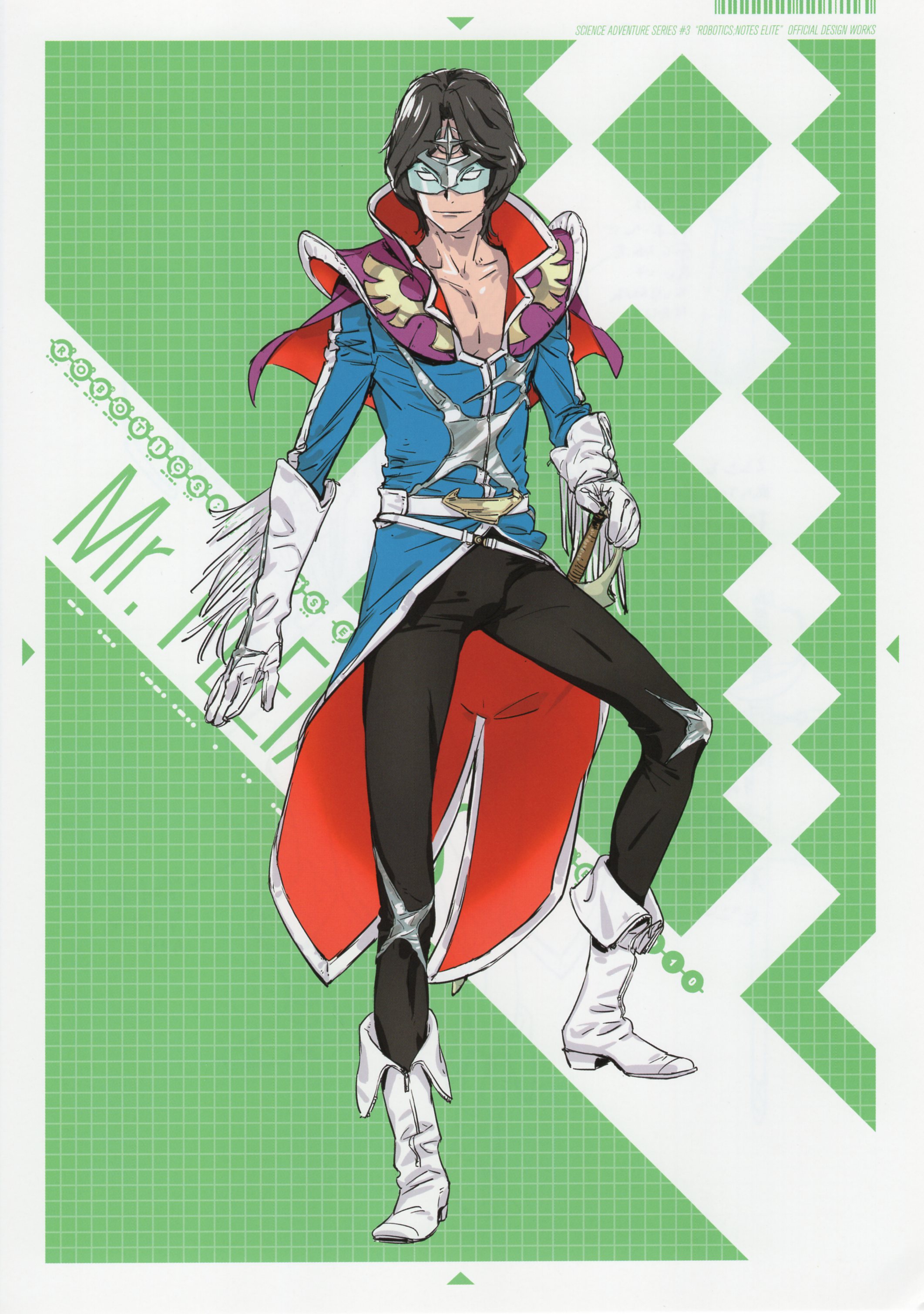 fukuda tomonori, hidaka subaru, robotics;notes, science adventure, absurdres, highres, non-web source, official art, 1boy, adam's apple, belt, black hair, black pants, blue coat, blue shirt, boots, cape, capelet, character name, chest harness, chest strap, coat, collar, collarbone, eye mask, gloves, goggles, gold trim, hair ornament, hand on weapon, harness, hidaka subaru (mr. pleiades), male focus, mask, muscular, muscular male, open clothes, open collar, open shirt, pants, pectorals, rapier, red cape, shirt, simple background, solo, sword, weapon, white boots, white gloves, zipper, zipper footwear, zipper pull tab