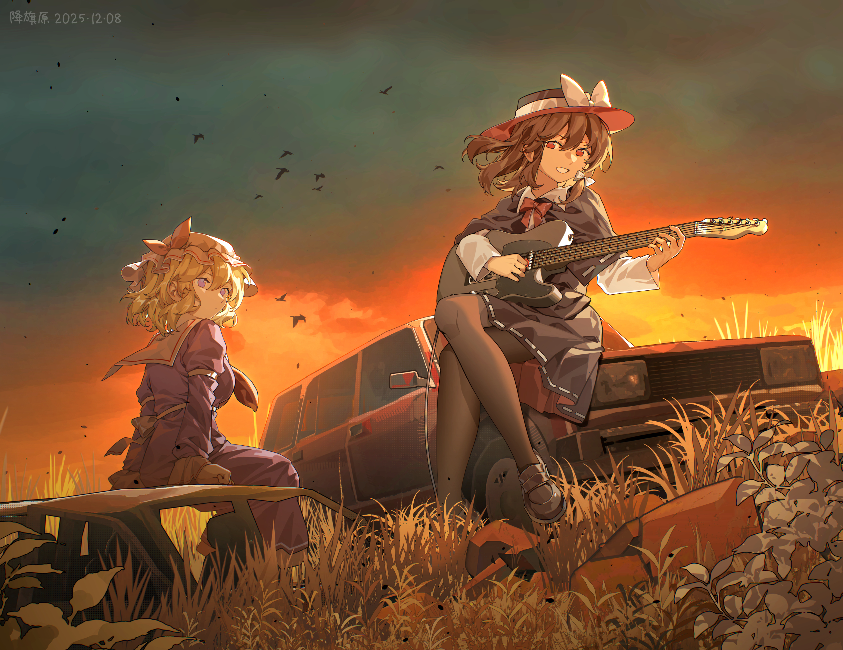 furahata gen, maribel hearn, usami renko, touhou, chinese commentary, commentary, highres, second-party source, 2girls, artist name, bird, black capelet, black hat, black shoes, blonde hair, bow, brown hair, brown pantyhose, capelet, car, cloud, cloudy sky, crossed legs, dated, dress, dusk, electric guitar, fender telecaster, grass, grin, guitar, hair bow, hat, hat bow, instrument, loafers, long sleeves, looking at another, mob cap, motor vehicle, multiple girls, music, on car, outdoors, pantyhose, playing guitar, playing instrument, purple dress, purple eyes, red eyes, ribbon-trimmed capelet, ribbon-trimmed skirt, ribbon trim, shoes, sitting, sky, smile, white bow, white hat