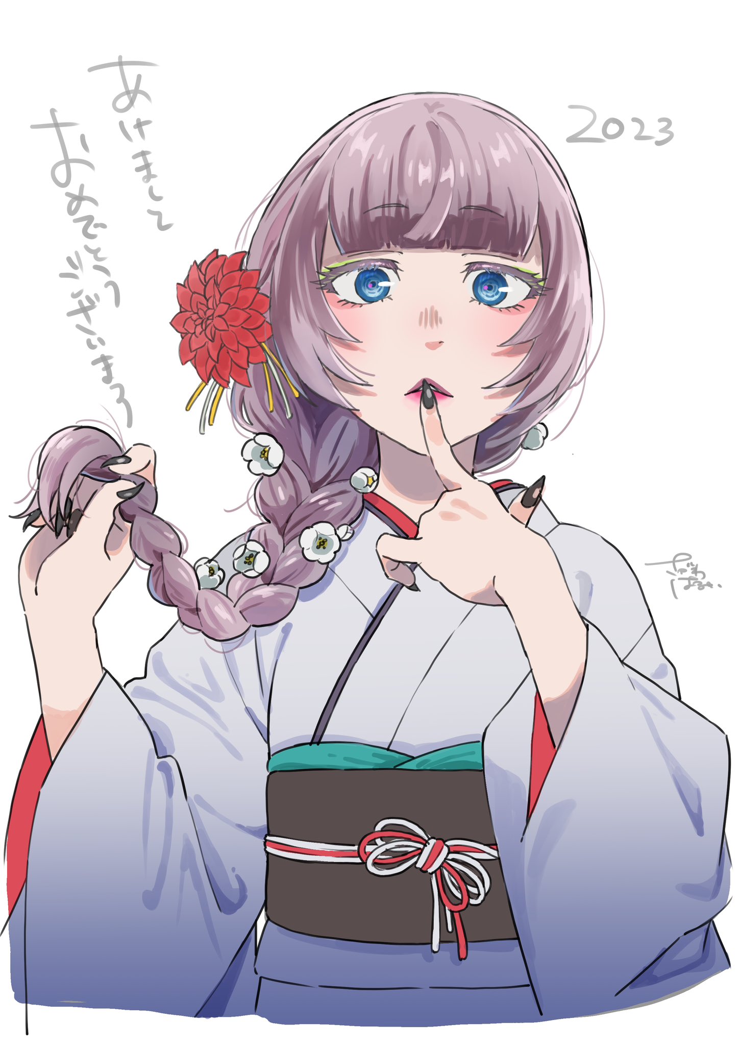 sagawa haruka, nanakusa nazuna (yofukashi no uta), yofukashi no uta, highres, 1girl, braid, finger to mouth, japanese clothes, kimono, lipstick, long hair, looking at viewer, makeup, nail polish, new year, purple hair, simple background, single braid, solo, white background