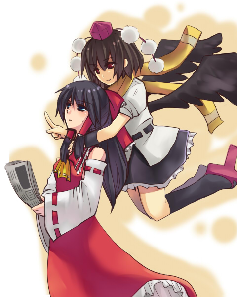 ame (candycircle), hakurei reimu, shameimaru aya, touhou, 2girls, black hair, blue eyes, bow, candycircle, detached sleeves, female focus, hat, japanese clothes, long hair, miko, multiple girls, newspaper, red eyes, ribbon, short hair, skirt, tokin hat