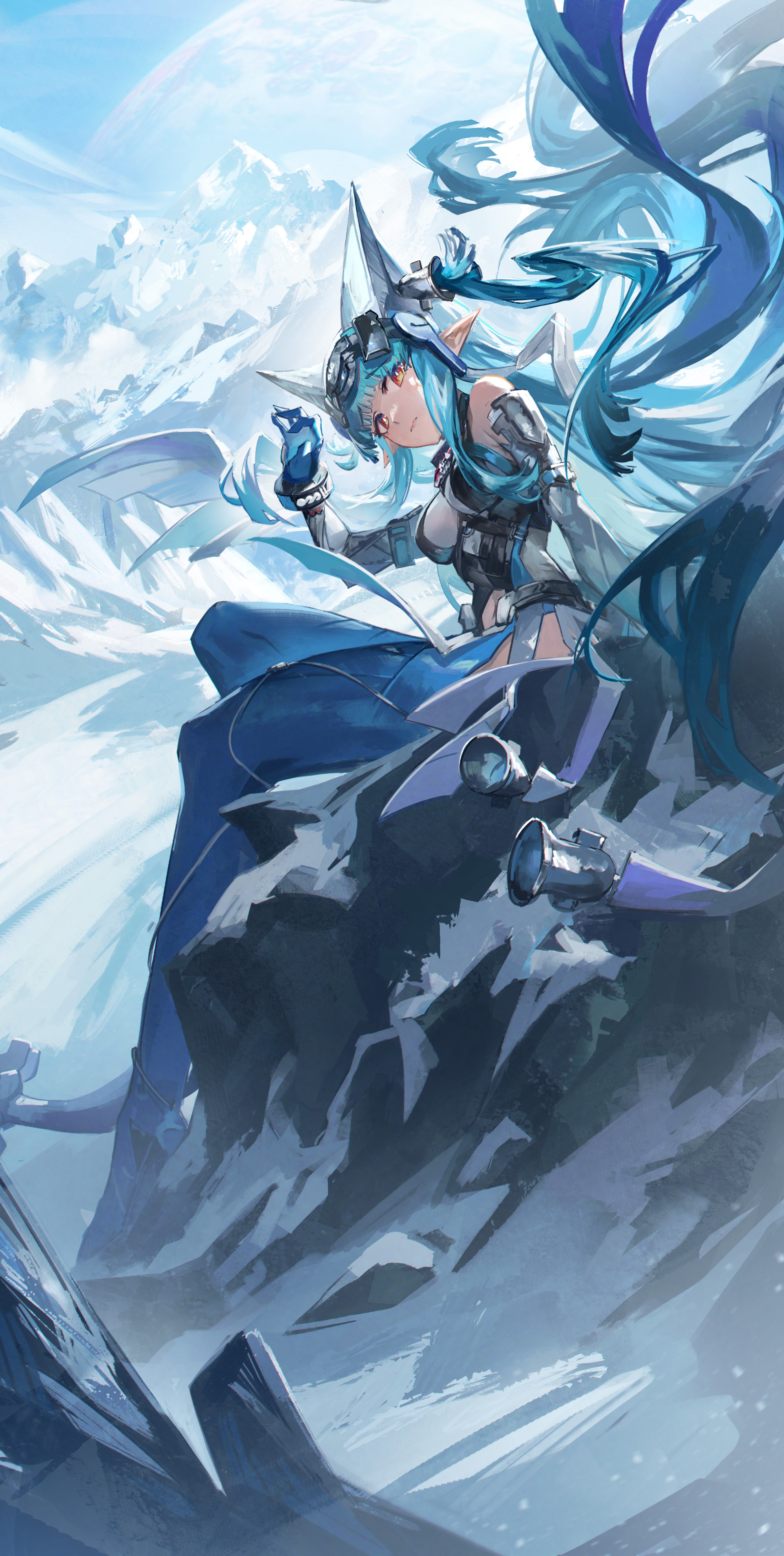 az'ruler, last rite (arknights), arknights, arknights: endfield, absurdres, highres, 1girl, bare shoulders, black bodysuit, blue boots, blue gloves, blue hair, blue sky, blunt ends, bodysuit, boots, breasts, covered horns, detached sleeves, floating hair, gloves, grey hat, hand up, hat, horns, long hair, looking at viewer, medium breasts, mountain, mountainous horizon, multicolored bodysuit, orange eyes, outdoors, pointy ears, sitting, sky, solo, thigh boots, very long hair, white bodysuit