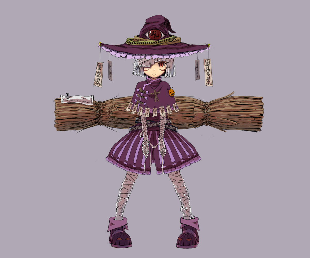 wuliao555, original, bad id, bad pixiv id, 1girl, bandages, female focus, full body, grey hair, hair over one eye, hat, jack-o'-lantern, ofuda, pumpkin, red eyes, scarf, short hair, simple background, solo, witch, witch hat