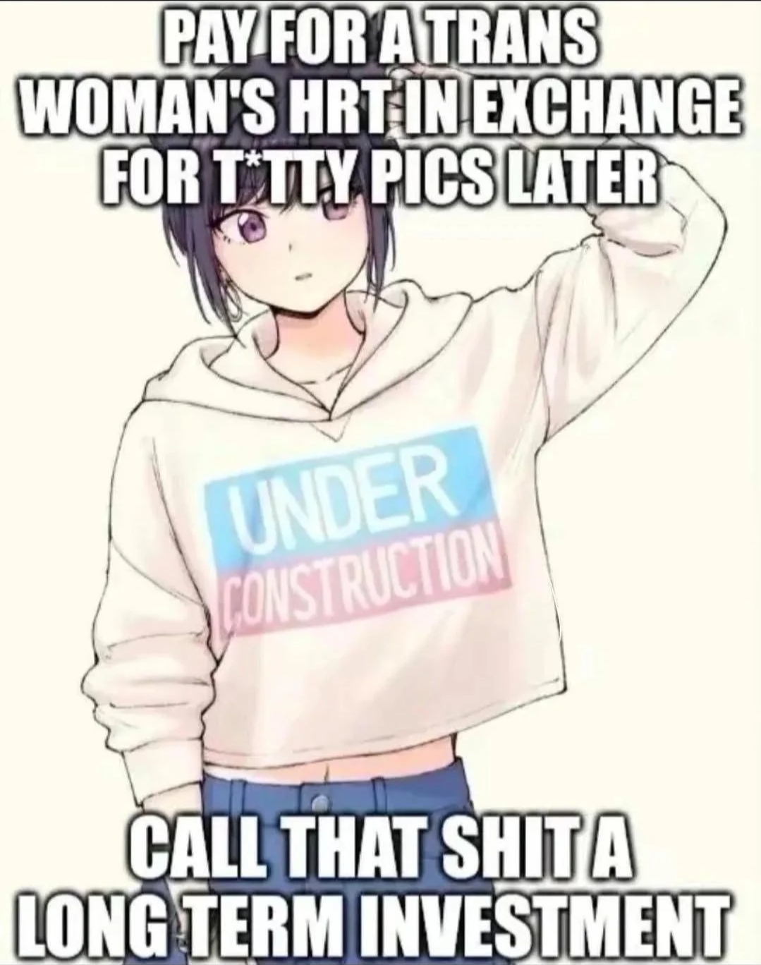 pas (paxiti), pas' black-haired catperson, original, highres, non-web source, third-party edit, 1other, androgynous, animal ear fluff, animal ears, arm up, blue nails, blue shorts, bracelet, cat ears, collarbone, cowboy shot, denim, denim shorts, earrings, english text, extra ears, gender transitioning, hair between eyes, head tilt, hood, hood down, hoodie, hoop earrings, jewelry, long sleeves, looking at viewer, midriff, multicolored nails, navel, other focus, parted lips, pink nails, pocket, purple eyes, purple hair, short hair, shorts, sidelocks, simple background, solo, standing, transgender flag, watch, white hoodie, white nails, wristwatch