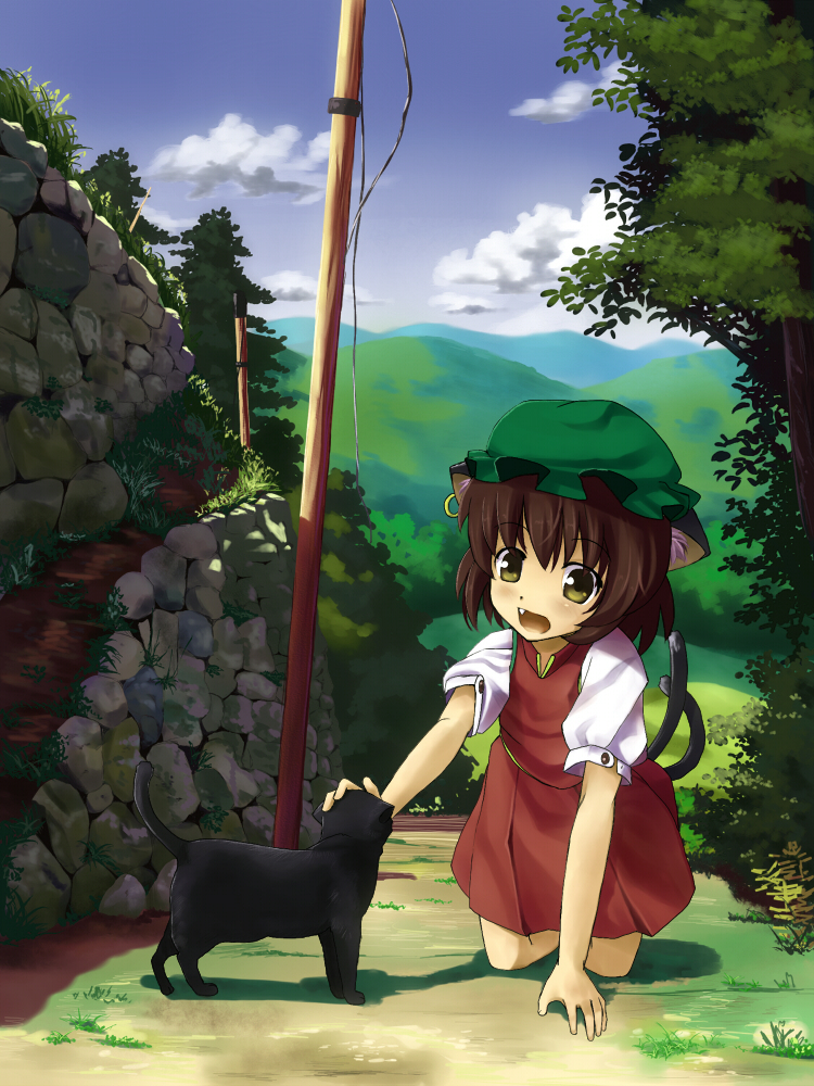 hidebo, chen, touhou, bad id, bad pixiv id, 1girl, all fours, animal ears, brown eyes, brown hair, cat, cat ears, cat tail, child, cloud, earrings, fang, female focus, full body, hat, headpat, jewelry, multiple tails, outdoors, plant, short hair, sky, solo, tail, tree
