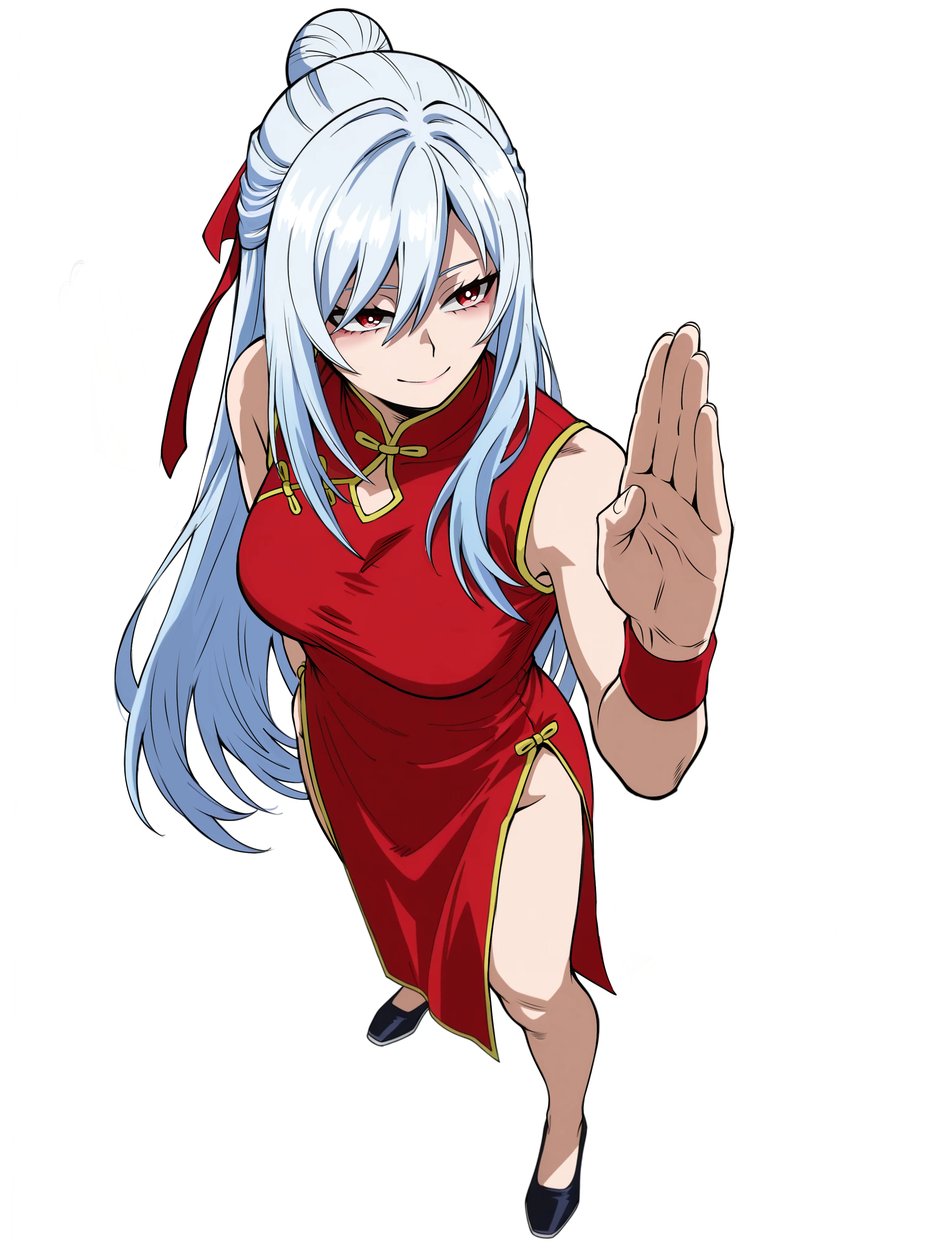 kokoro no koibito, jingliu (honkai: star rail), honkai: star rail, honkai (series), absurdres, commentary, highres, 1girl, alternate costume, black shoes, blue hair, breasts, china dress, chinese clothes, dress, full body, hair between eyes, hand up, light smile, long hair, medium breasts, red eyes, red ribbon, ribbon, shoes, sleeveless, very long hair, white background, wristband