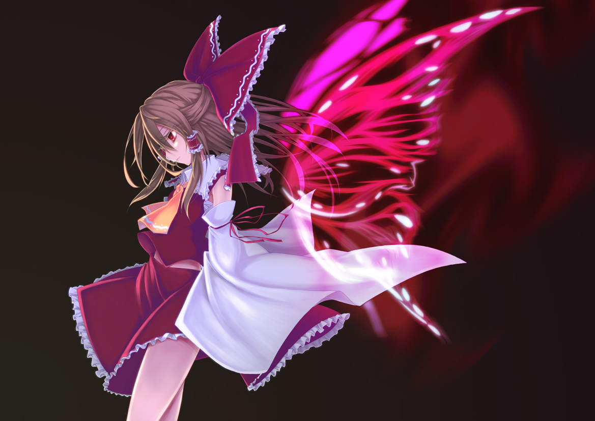 haruto28, popi (pixiv), vi (ena0930), hakurei reimu, touhou, bad id, bad pixiv id, colorized, 1girl, bow, brown hair, butterfly wings, colored eyelashes, detached sleeves, expressionless, eyelashes, female focus, half updo, insect wings, japanese clothes, large bow, miko, profile, red eyes, short hair, solo, wings