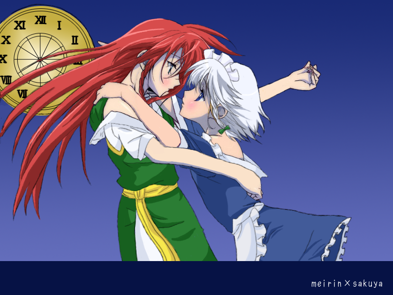 morizou, hong meiling, izayoi sakuya, embodiment of scarlet devil, kannazuki no miko, touhou, 2girls, blush, eye contact, female focus, looking at another, miko embrace, multiple girls, no headwear, parody, red hair, short hair, yuri