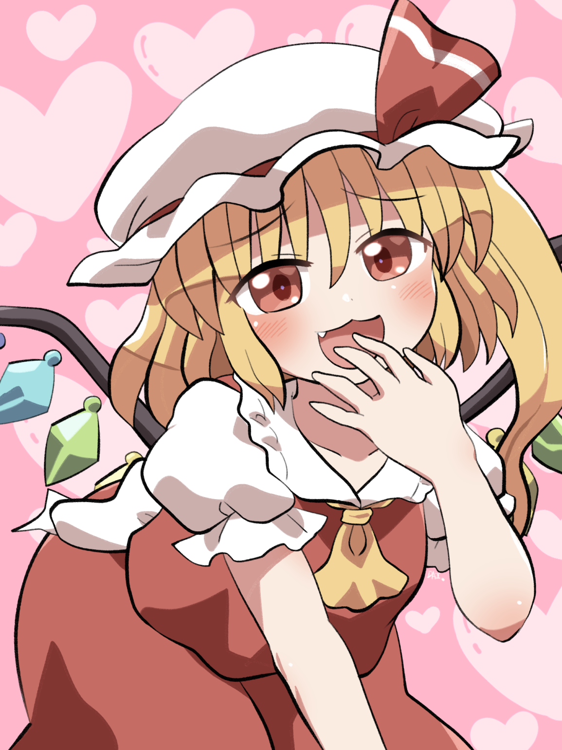 rokugou daisuke, flandre scarlet, touhou, commentary request, highres, 1girl, :3, :d, blonde hair, blush, collared shirt, cowboy shot, crystal wings, fang, hair between eyes, hand up, hat, hat ribbon, heart, heart background, leaning forward, long hair, looking at viewer, mob cap, multicolored wings, open mouth, pink background, red eyes, red ribbon, red skirt, red vest, ribbon, shirt, short sleeves, side ponytail, skirt, skirt set, smile, solo, vest, white hat, white shirt, wings, yellow skirt