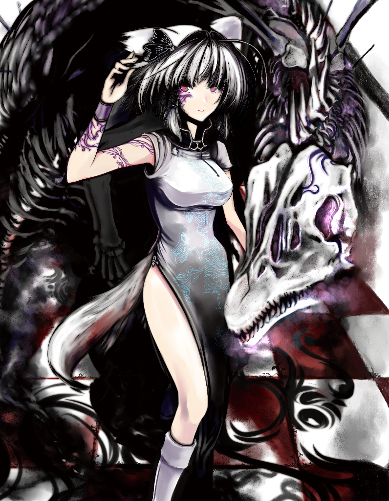 virus (obsession), original, silver hair, bad id, bad pixiv id, bow, bug, butterfly, china dress, chinese clothes, dress, insect, monster, purple eyes, side slit, solo, tattoo