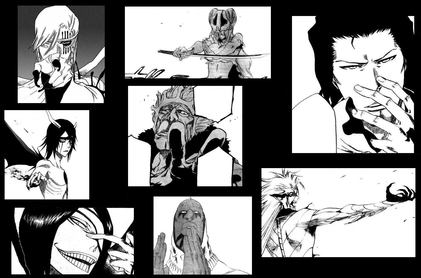 kubo tite, baraggan louisenbairn, coyote starrk, grimmjow jaegerjaquez, nelliel tu odelschwanck, nnoitra gilga, szayelaporro granz, ulquiorra cifer, zommari leroux, zommari rureaux, bleach, highres, third-party edit, 00s, 1girl, 6+boys, arrancar, comic, greyscale, hollow (bleach), monochrome, multiple boys, number tattoo, resurreccion, resurreccion: segunda etapa, tattoo