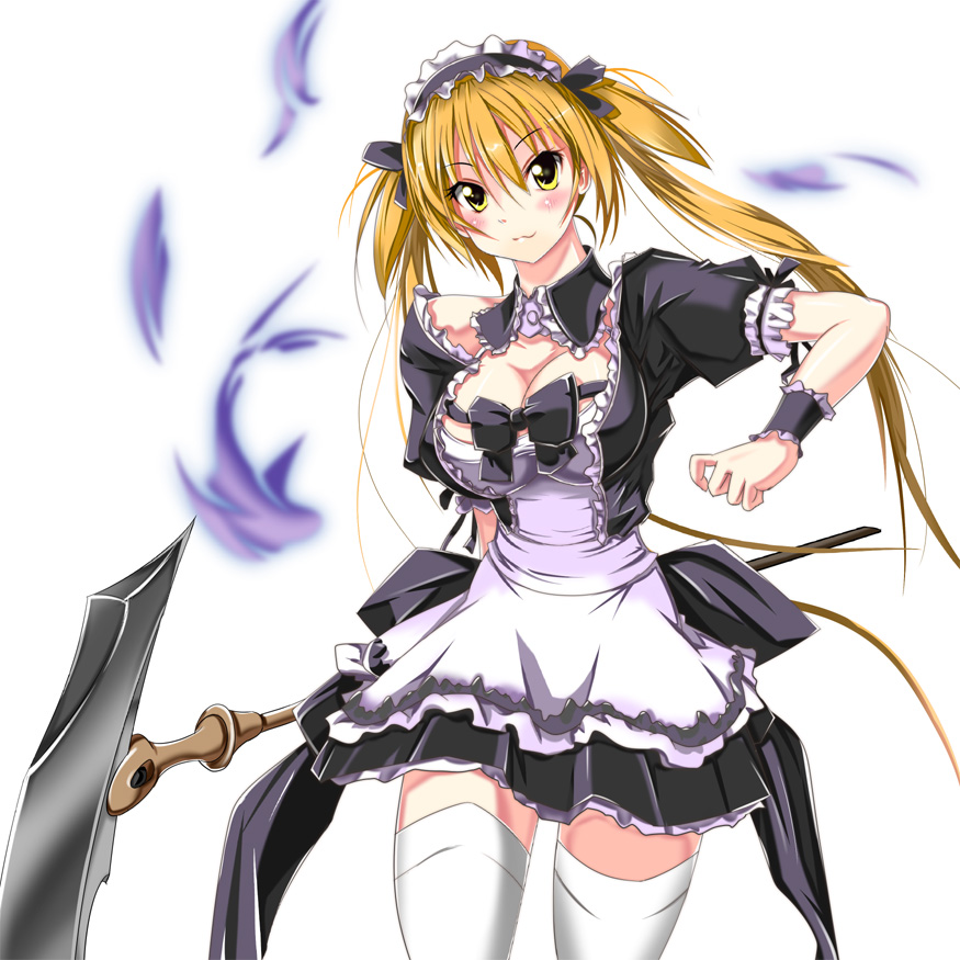 sys.ao, airi (queen's blade), airi (the infernal temptress), queen's blade, bad id, bad pixiv id, 00s, 1girl, :3, alternate color, apron, blonde hair, blush, bow, breasts, cleavage, dress, female focus, large breasts, long hair, scythe, solo, thighhighs, twintails, white background, white thighhighs, wrist cuffs, zettai ryouiki