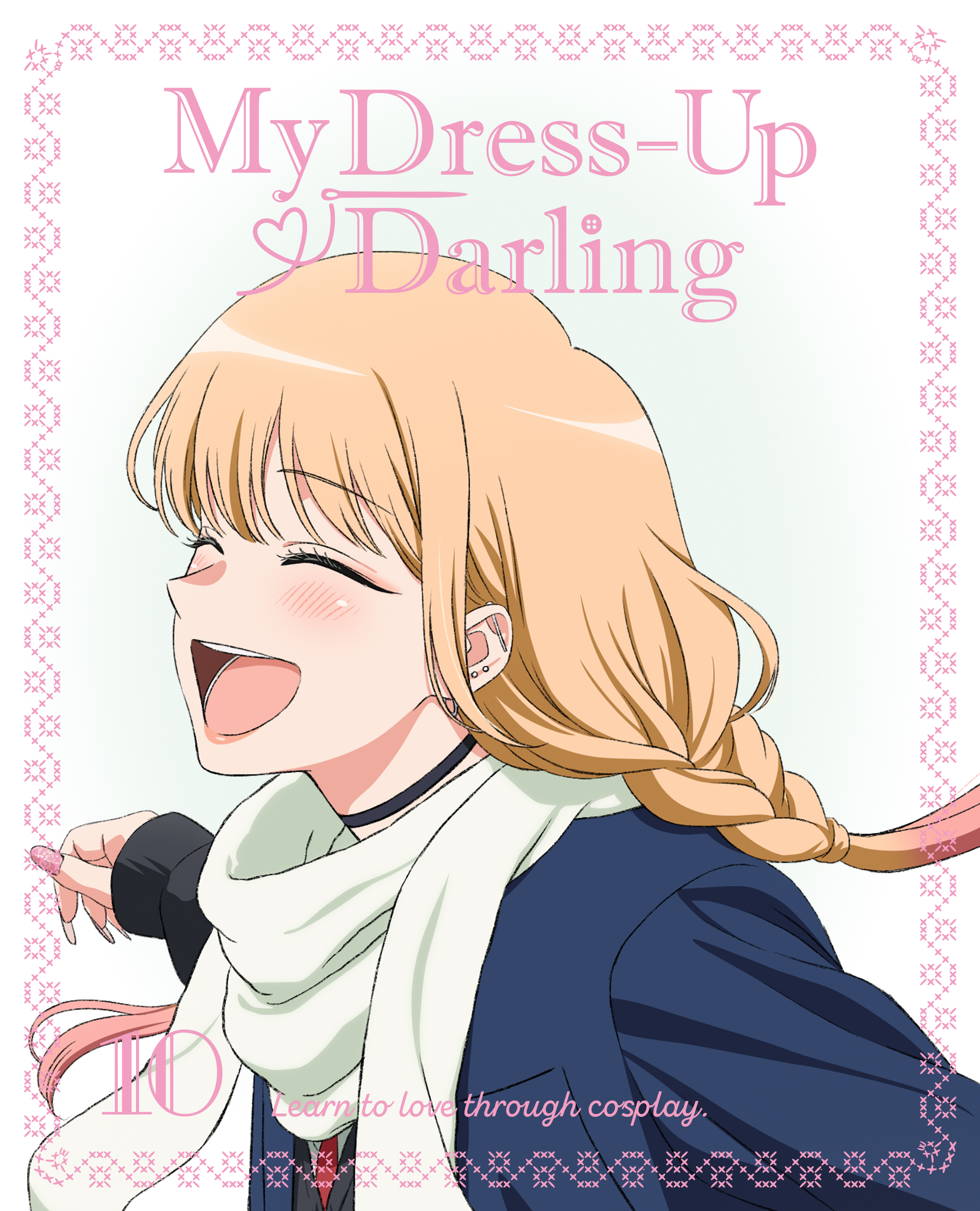 ishida kazumasa, kitagawa marin, sono bisque doll wa koi wo suru, absurdres, highres, official art, 1girl, barbell piercing, black choker, black shirt, black sweater, blonde hair, blue jacket, blush, braid, choker, closed eyes, copyright name, ear piercing, industrial piercing, jacket, long sleeves, multicolored hair, nail polish, necktie, open mouth, piercing, pink hair, pink nails, red necktie, scarf, shirt, simple background, sweater, two-tone hair, white background, white scarf, white shirt