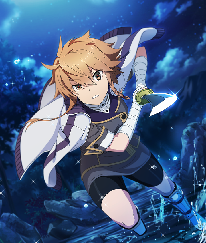 shidou maki (toji no miko), toji no miko, toji no miko: kizamishi issen no tomoshibi, game cg, official art, third-party source, 1girl, bandaged arm, bandages, bike shorts, black shorts, blue sky, boots, brown jacket, clenched teeth, cloud, dutch angle, holding, holding sword, holding weapon, incoming attack, jacket, jacket on shoulders, katana, looking at viewer, nature, night, open clothes, open jacket, orange eyes, orange hair, origami family's elite guard uniform, red pupils, river, running, short hair, short sleeves, shorts, sidelocks, sky, solo, sparkle, spiked hair, splashing, star (sky), starry sky, sword, teeth, tree, water drop, weapon, white boots, white jacket