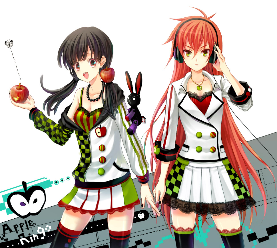 anko kinako, original, striped, bad id, bad pixiv id, 2girls, apple, black hair, brown eyes, food, food-themed clothes, food as clothes, food print, fruit, fruit print, green eyes, headphones, jacket, jewelry, multiple girls, necklace, rabbit, red hair, skirt, stuffed animal, stuffed rabbit, stuffed toy, thighhighs, zettai ryouiki