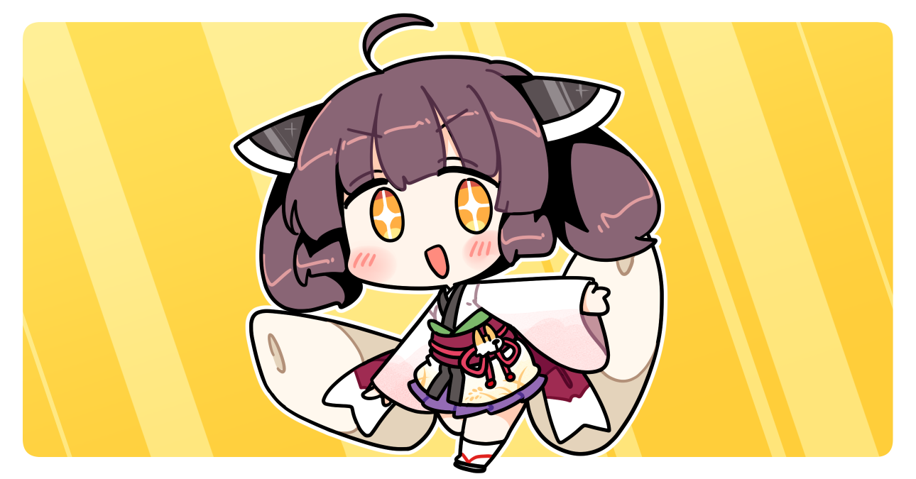 ini (inunabe00), touhoku kiritan, voiceroid, + +, 1girl, :d, ahoge, black sandals, blunt bangs, blush, border, brown hair, chibi, chibi only, full body, headgear, japanese clothes, kimono, kiritanpo (food), long sleeves, looking at viewer, obi, open mouth, outline, outside border, pleated skirt, purple skirt, red sash, sandals, sash, short hair, skirt, smile, socks, solo, standing, striped background, v-shaped eyebrows, vertical-striped background, white border, white kimono, white outline, white socks, wide sleeves, yellow background, yellow eyes