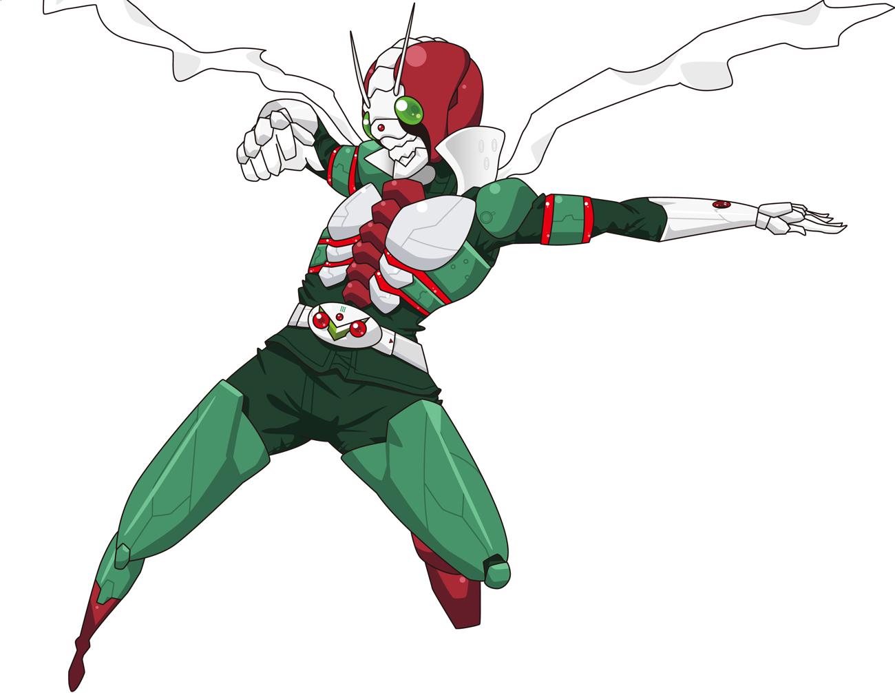 mirage (artist), mirapedo, kamen rider v3, kamen rider, kamen rider v3 (series), 1boy, antennae, armor, belt, boots, double typhoon (v3), gloves, green armor, helmet, male focus, red boots, red helmet, scarf, solo, white background, white gloves, white scarf
