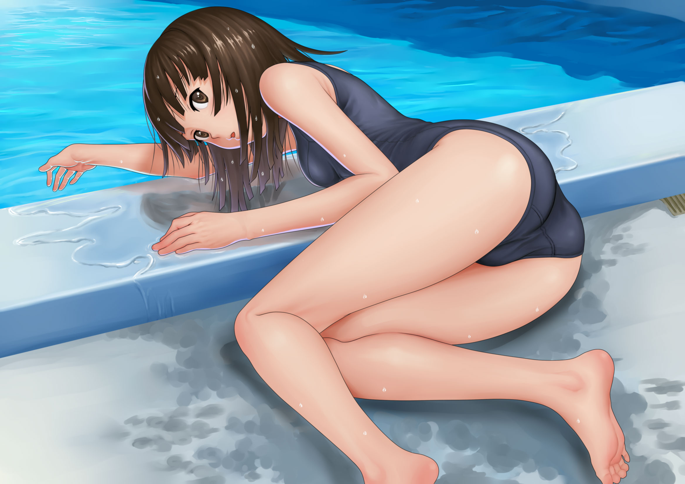 kyodairobo, sengoku nadeko, bakemonogatari, monogatari (series), highres, 00s, 1girl, ass, barefoot, brown eyes, brown hair, feet, female focus, flat chest, legs, long legs, one-piece swimsuit, school swimsuit, solo, swimsuit, toes, water, wet