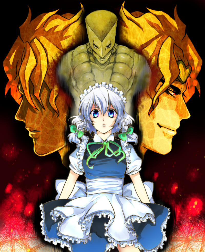 honchu, dio brando, izayoi sakuya, the world (stand), jojo no kimyou na bouken, m.u.g.e.n, touhou, silver hair, 1boy, 1girl, blonde hair, blue eyes, crossover, dual persona, father and daughter, maid, multicolored eyes, power connection, stand (jojo)