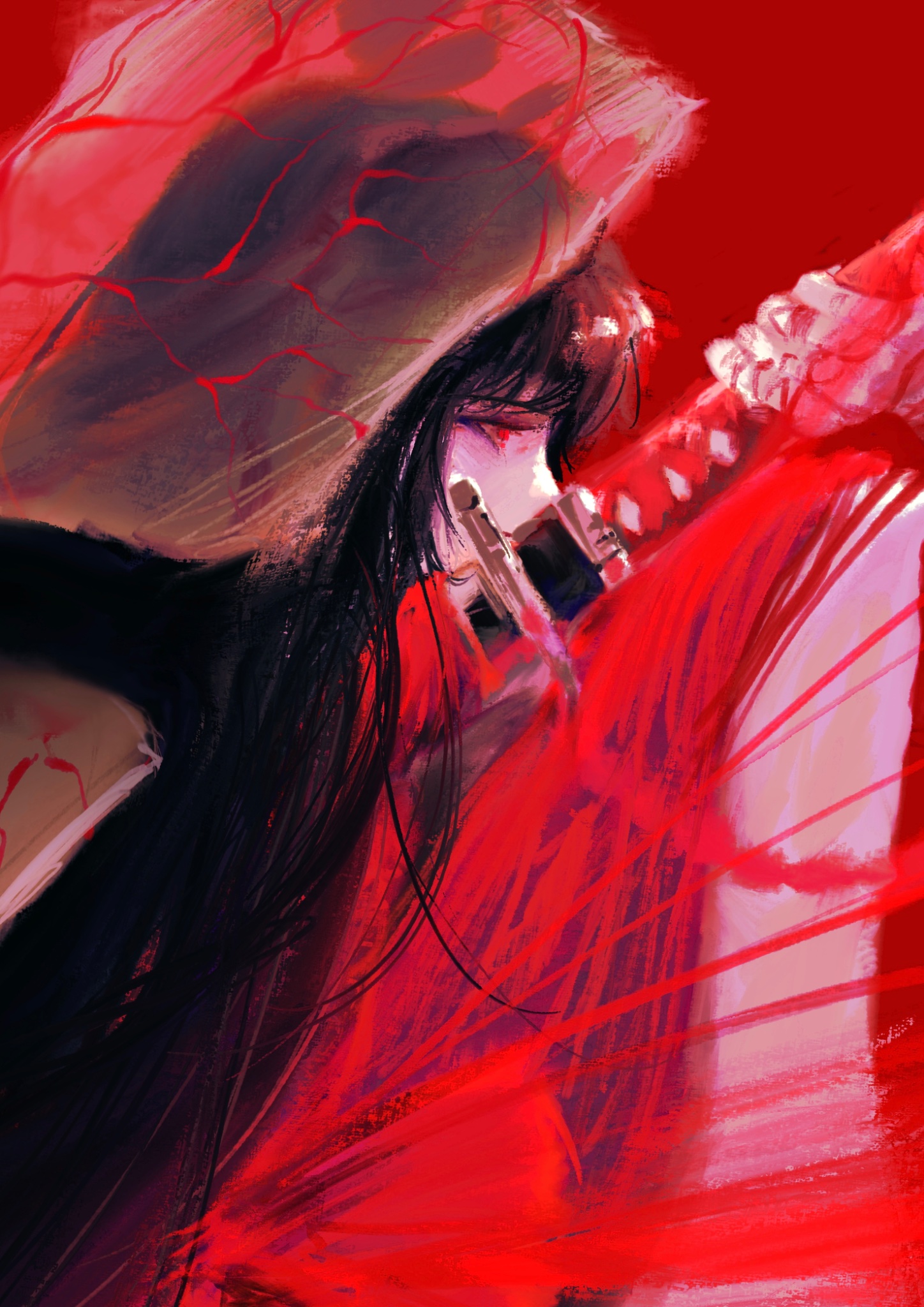 ryoshu (project moon), limbus company, project moon, highres, 1girl, black hair, e.g.o (project moon), great trichiliocosm (e.g.o), hahaammmaha, holding, holding sword, holding weapon, long hair, ootachi, red eyes, scabbard, sheath, solo, straight hair, sword, unsheathing, weapon