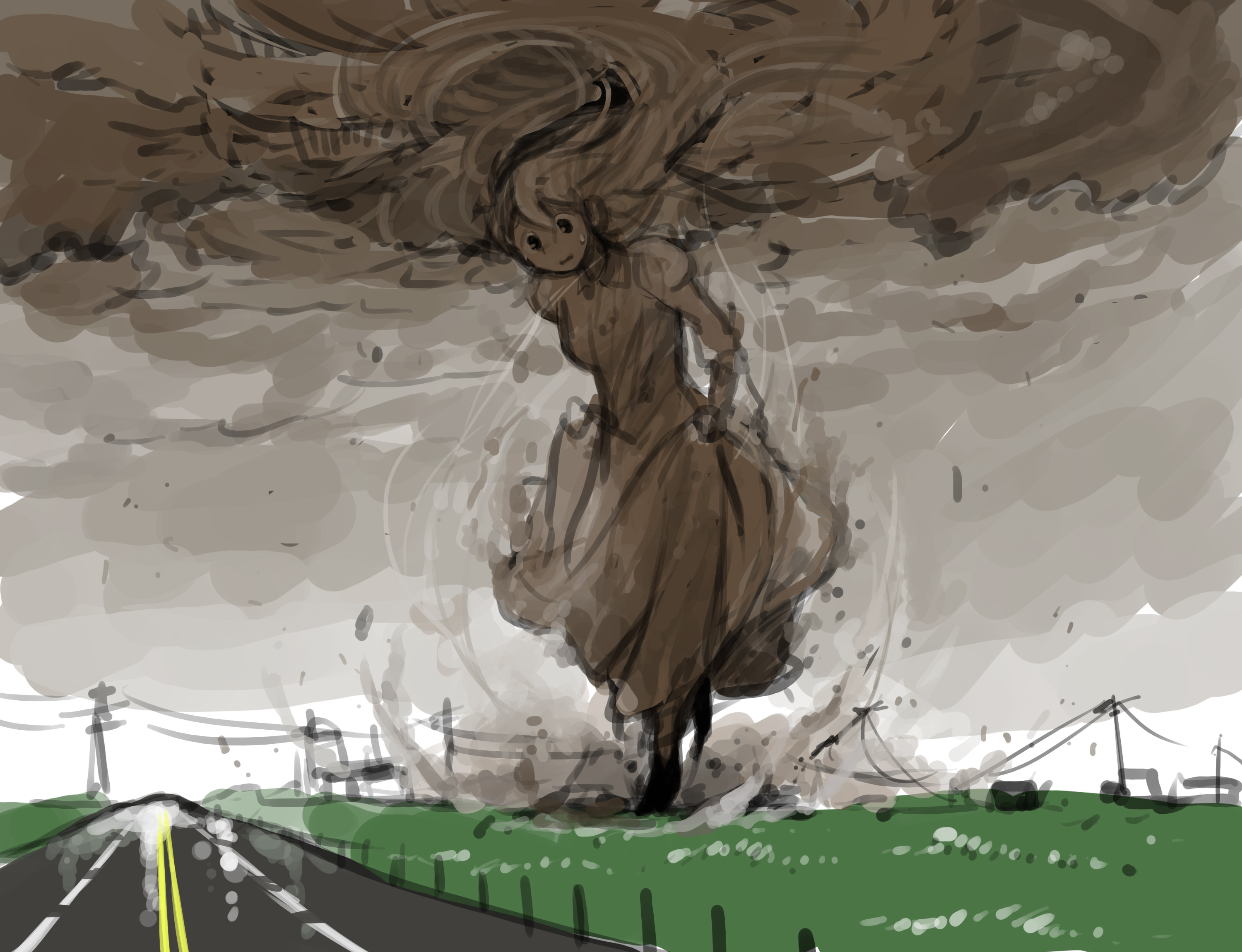 anyan (jooho), original, highres, 1girl, black shoes, brown hair, brown shirt, brown skirt, cloud, cloud hair, collared shirt, dark cloud, dark skin, giant, giantess, grass, juliet sleeves, long skirt, long sleeves, looking down, nervous, nervous sweating, personification, power lines, puffy sleeves, road, shirt, shoes, sketch, skirt, skirt hold, sky, solo, sweat, sweatdrop, tornado, utility pole, white sky, wide shot